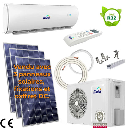 Pack climatiseur solaire hybride 2500W avec 3 panneaux photovoltaïques et fixations toiture