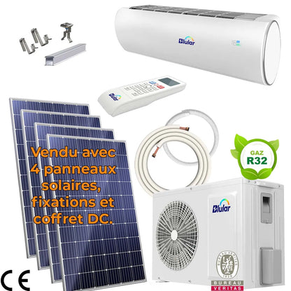 Pack climatiseur solaire hybride 3500W avec 4 panneaux photovoltaïques et fixations toiture