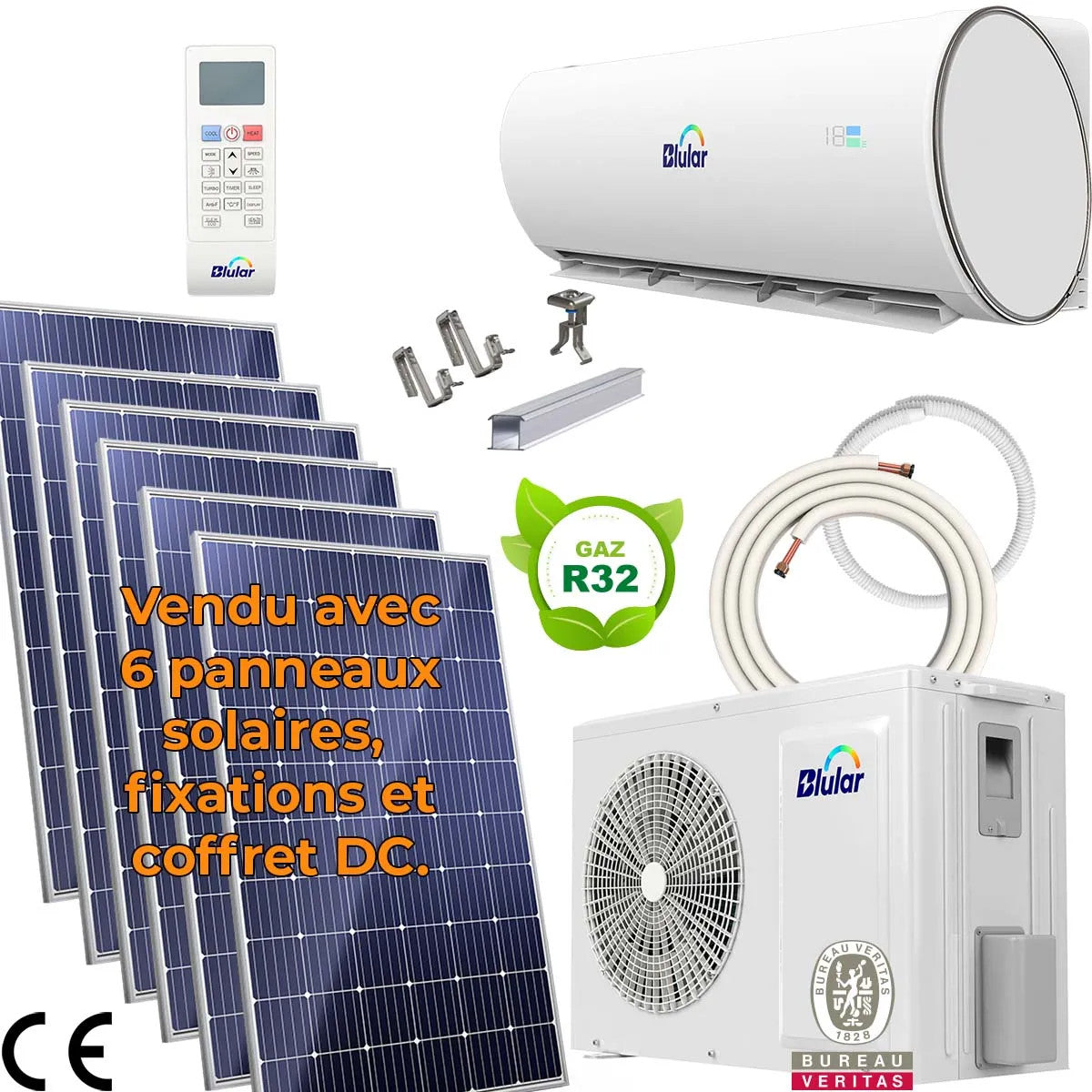 Pack climatiseur solaire hybride 5000W avec 6 panneaux photovoltaïques et fixations toiture